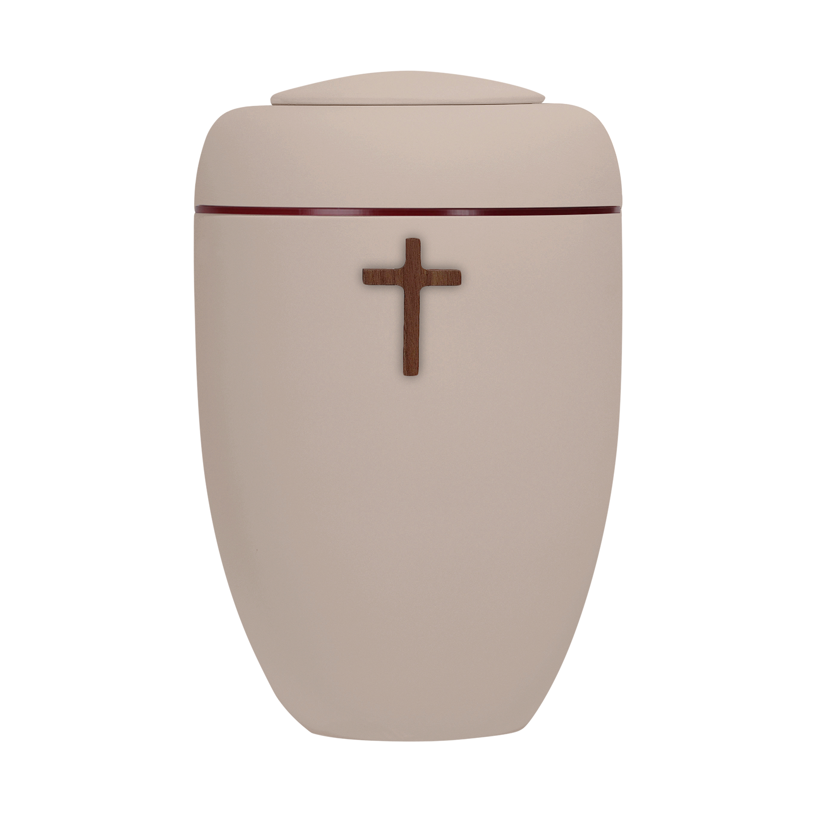 Oxidrote Symbol-Urne mit Holzkreuz und roter Plexiglasscheibe